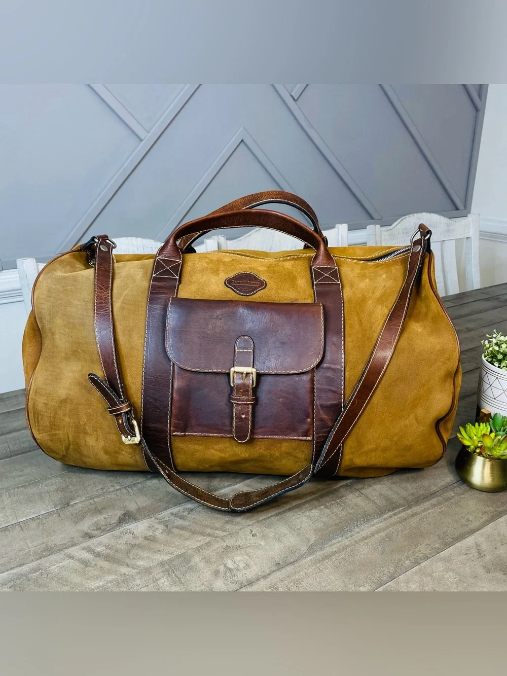VTG Geno D'Lucca Large Suede Leather Duffle Bag Travel Weekender Luggage Brown